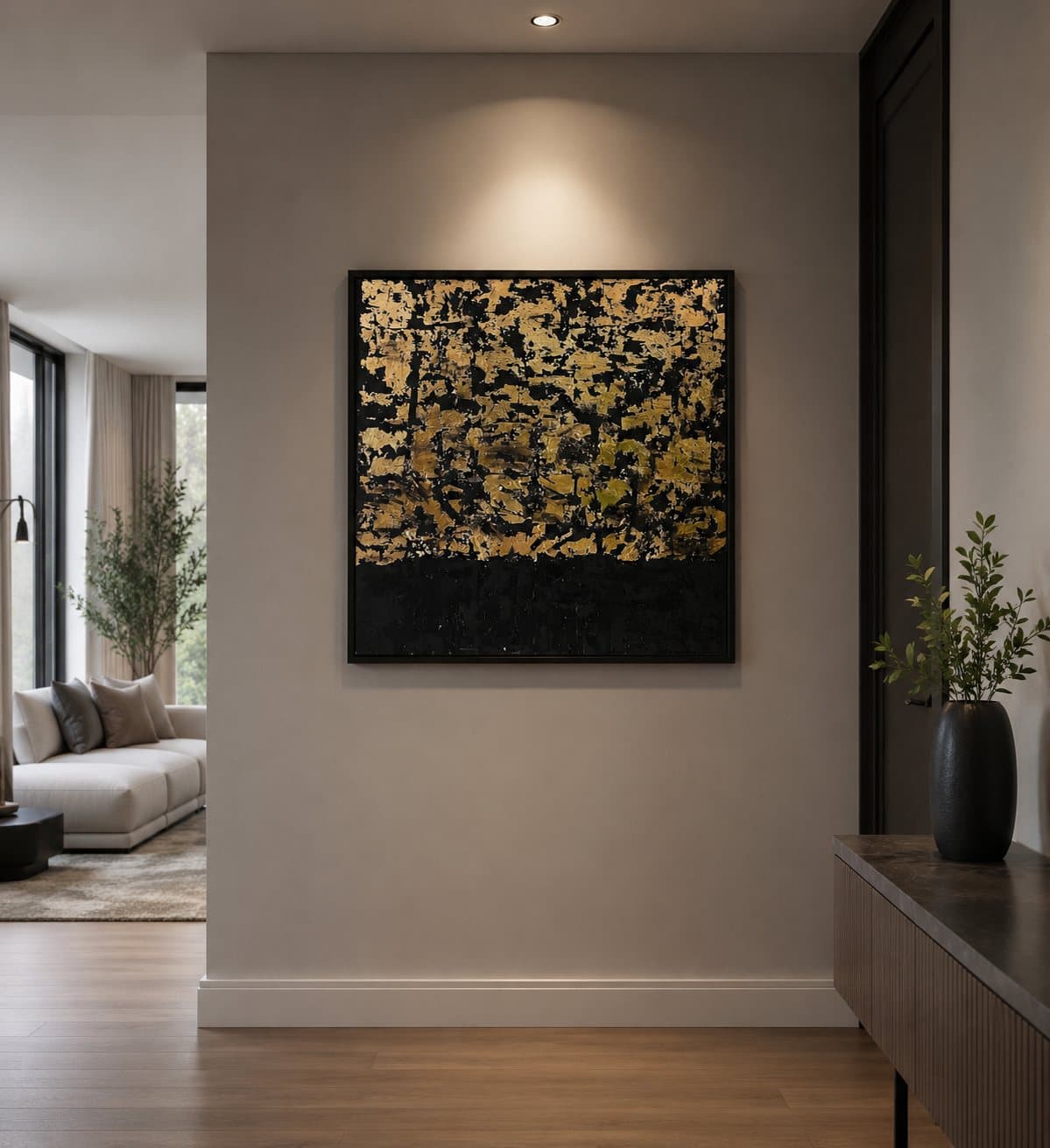 Abstract painting, torn gold leaf scattered over a black ground.