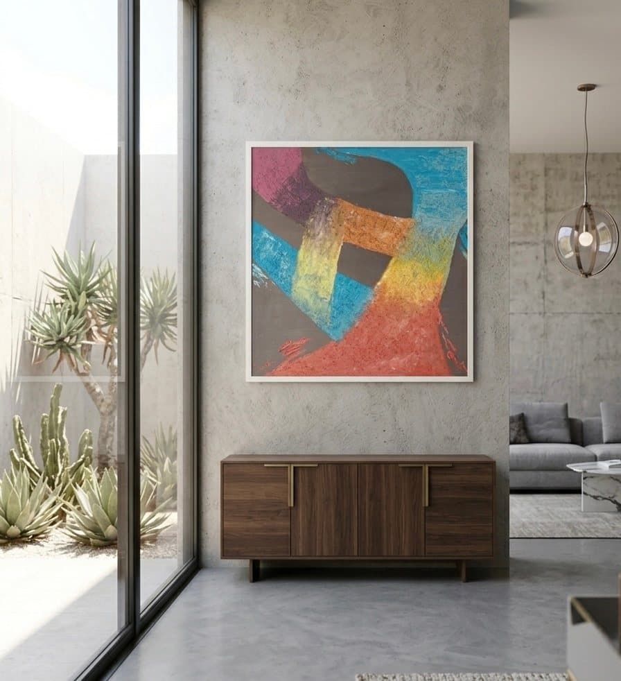 Colourful abstract painting, broad blue, coral and gold ribbons on a warm grey ground.