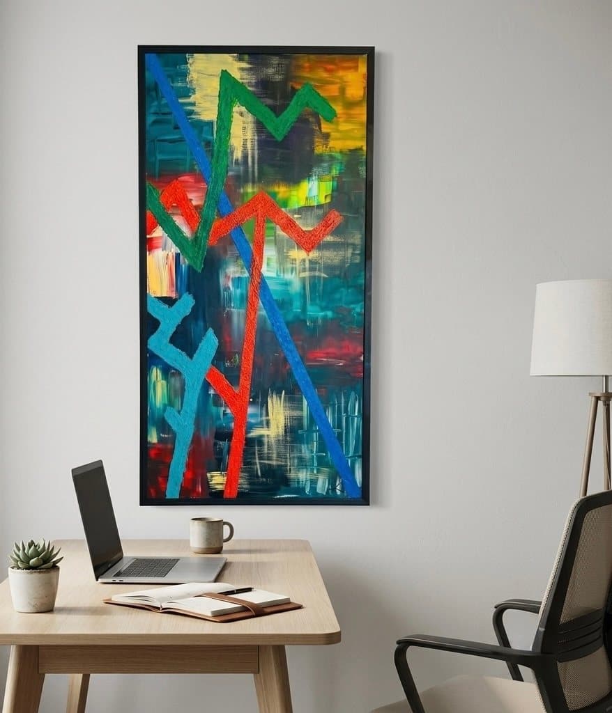 Expressive abstract painting, green, red and blue zig-zag lines on a dark ground.