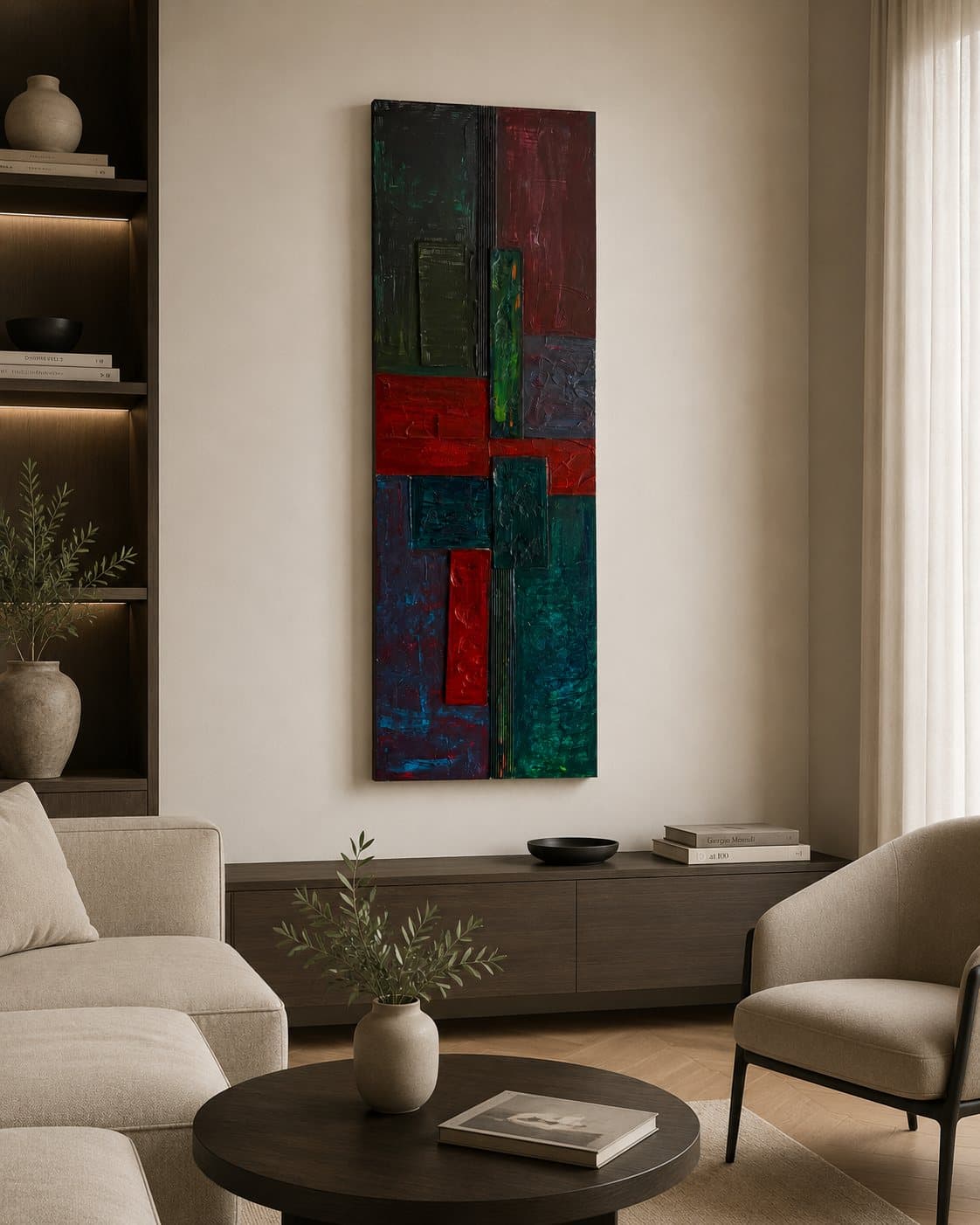 Tall narrow panel with thick impasto blocks of dark green, crimson, teal and navy.