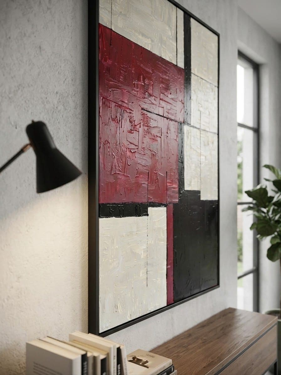 Tall abstract painting of cream, black and deep red rectangular blocks in thick impasto, in a black float frame.