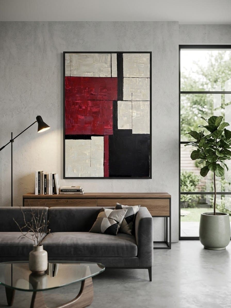 Hohes abstraktes Bild aus creme-, schwarz- und tiefroten Rechteckflächen in dickem Impasto, im schwarzen Schattenfugenrahmen.