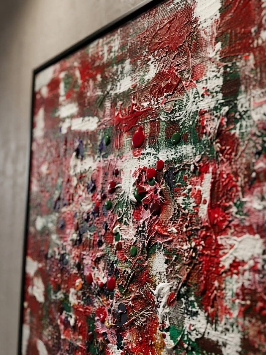 Abstraktes Bild in dichtem Impasto aus Rot, Weiß und Grün mit erhabenen Farbtropfen auf der Oberfläche, im schwarzen Schattenfugenrahmen.