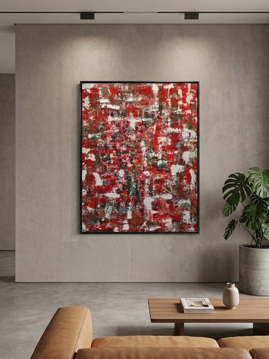 Abstraktes Bild in dichtem Impasto aus Rot, Weiß und Grün mit erhabenen Farbtropfen auf der Oberfläche, im schwarzen Schattenfugenrahmen.